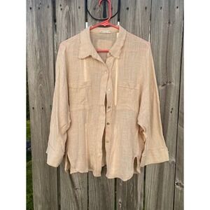New In Peach Linen Blend Frayed Raw Edge Button Down Shirt Small NT12023